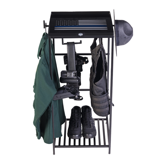 Large police gear rack made for storing law enforcement equipment like duty vest and patrol belt