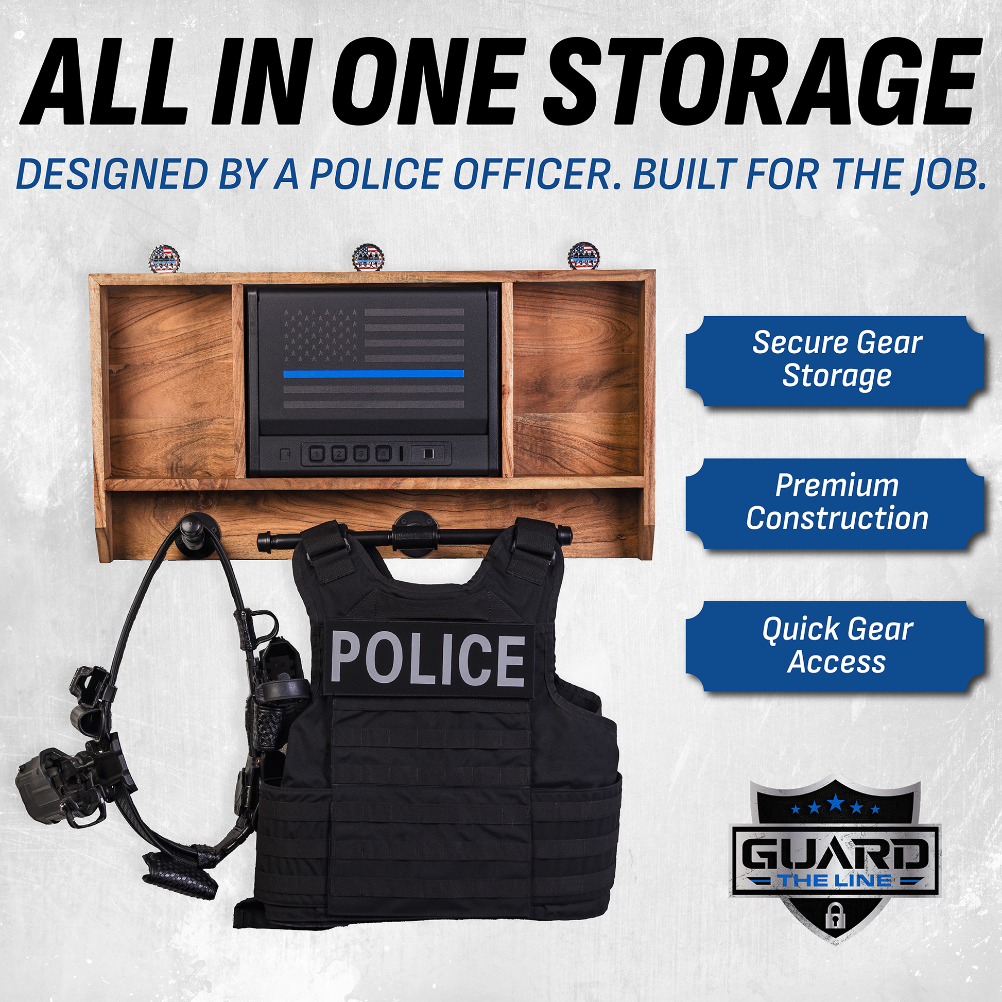 Wooden police gear wall rack with thin blue line safe and hooks for storing a duty vest and patrol belt