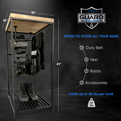 Tactical gear rack storing a police vest and police duty belt on heavy duty hangers.