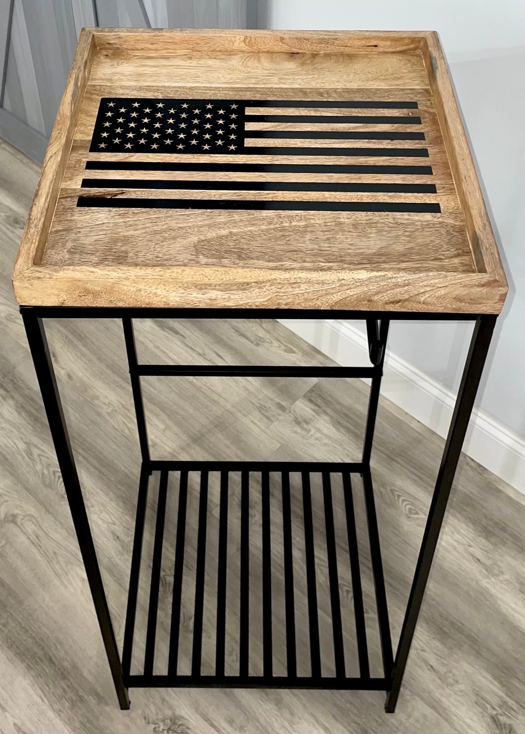 Police gear stand wood top with an American flag made out of quality mango wood. 